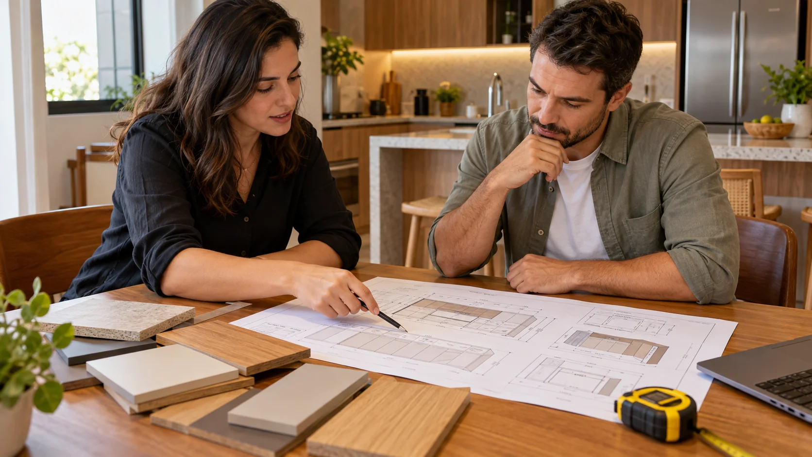 Duas pessoas analisando uma planta de móveis planejados, com amostras de acabamento e trena sobre a mesa.